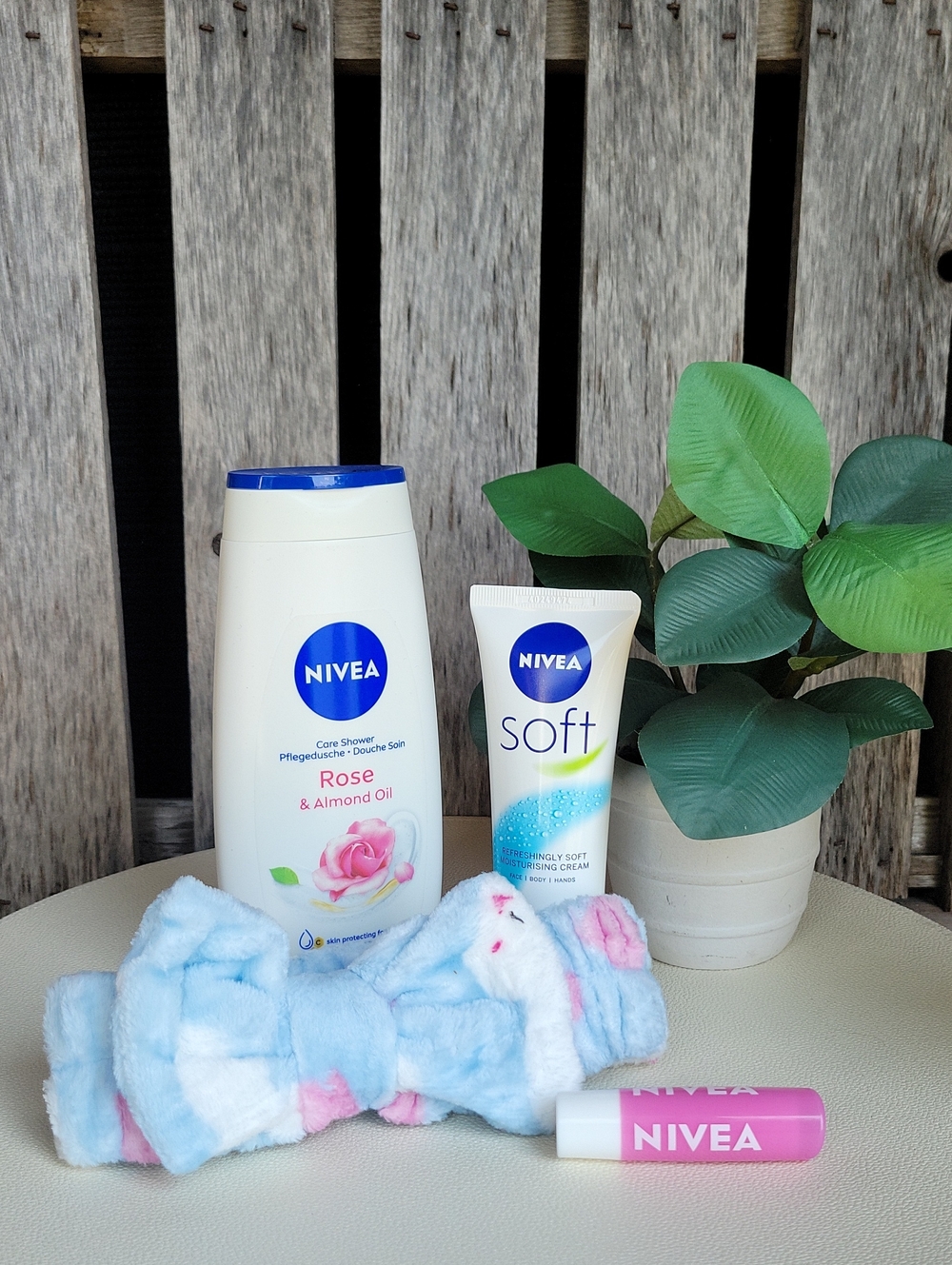 NIVEA Trio Set Rose & Soft Skincare - Blue, White, Pink & Plush Headband